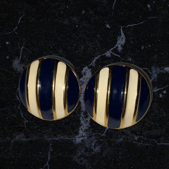 Vintage Navy Blue Stripe Enamel Monet Earrings - Picture 1 of 5